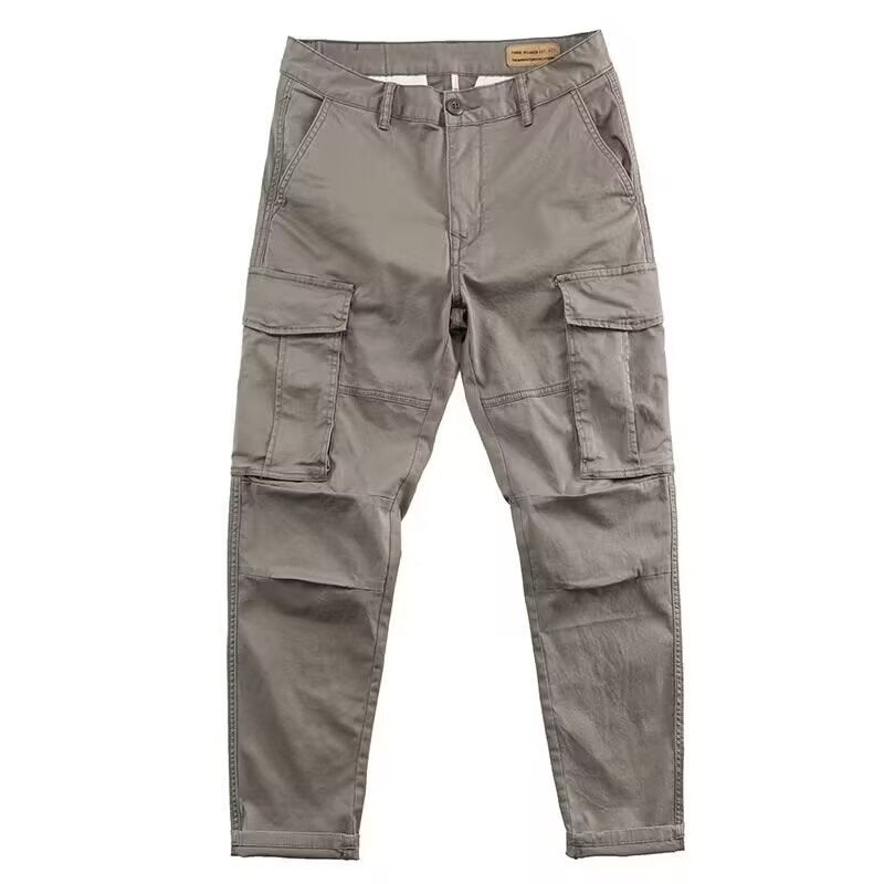 Men's cargo work pants in gray, straight-leg fit with flap cargo pockets and belt loops