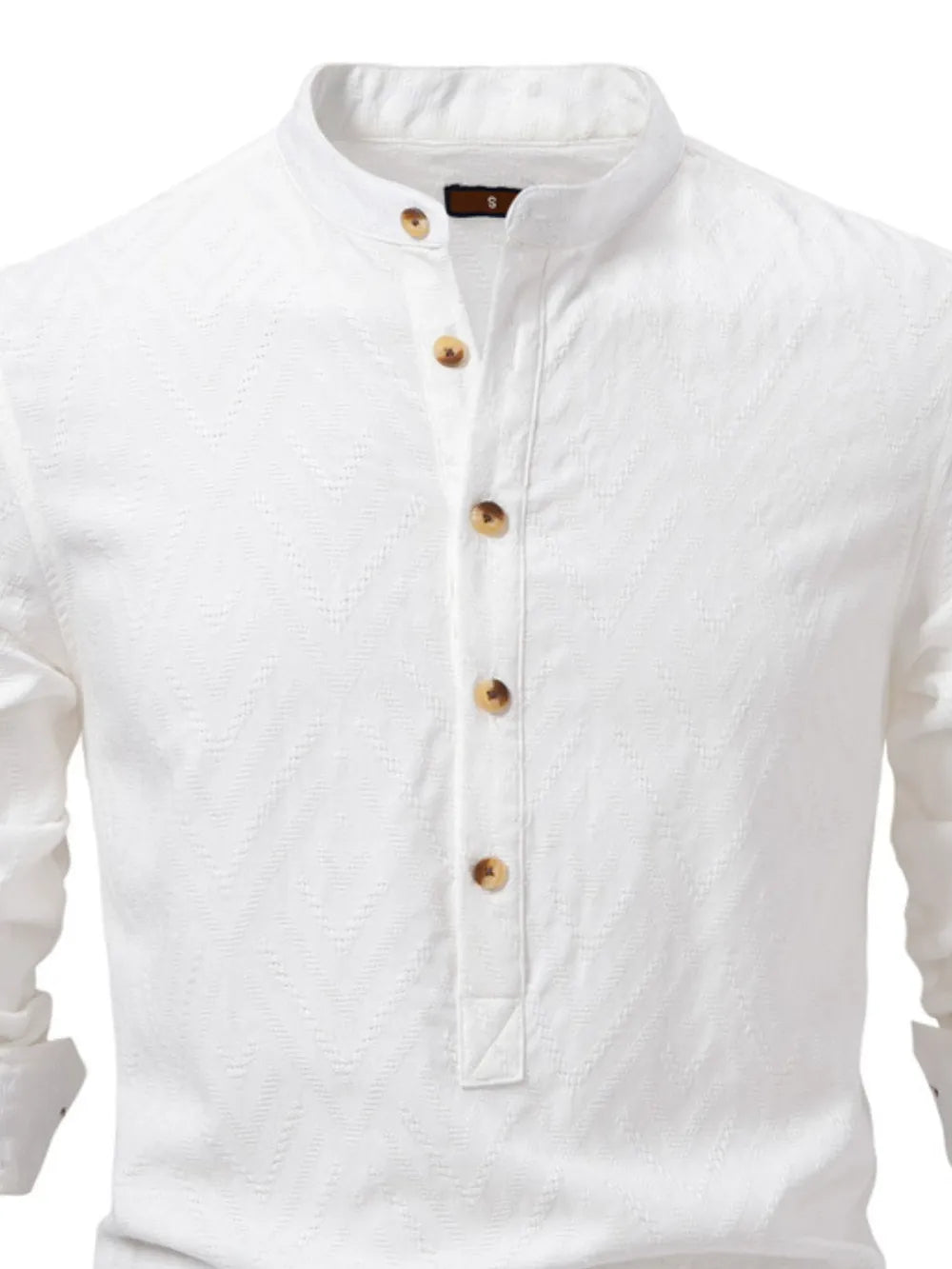 Men's half-button texture collared shirt, white, front view with gold-brown buttons