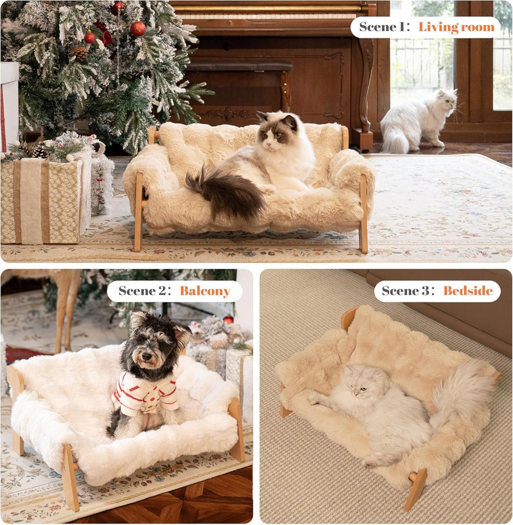 Wooden cat couch bed with a plush cream cushion shown with cats in different settings.