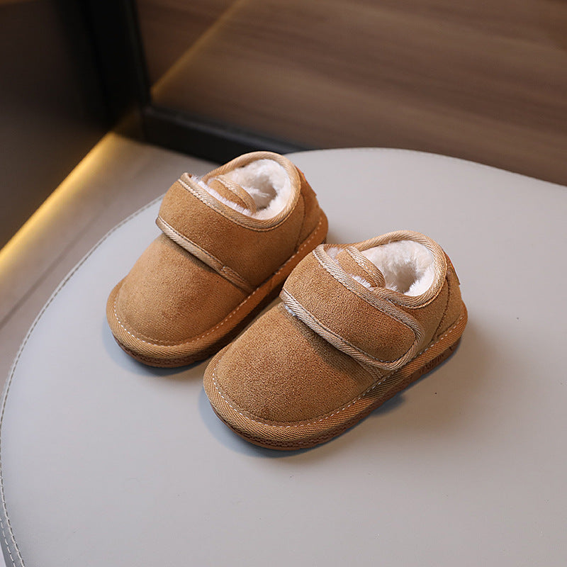 Boys fleece-lined cotton boots in khaki with hook-and-loop strap and soft inner lining