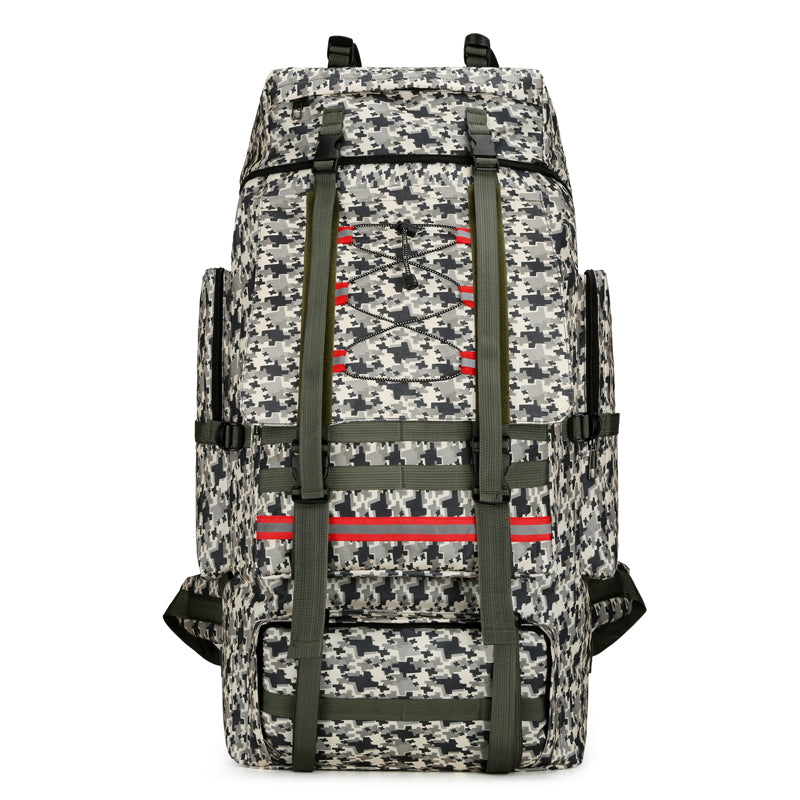 Grey pixel camouflage travel backpack with padded straps and red accent webbing