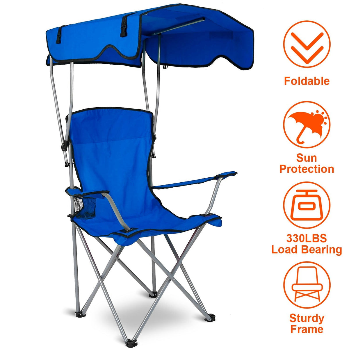 Blue folding beach canopy chair with overhead sunshade and side armrest cup area