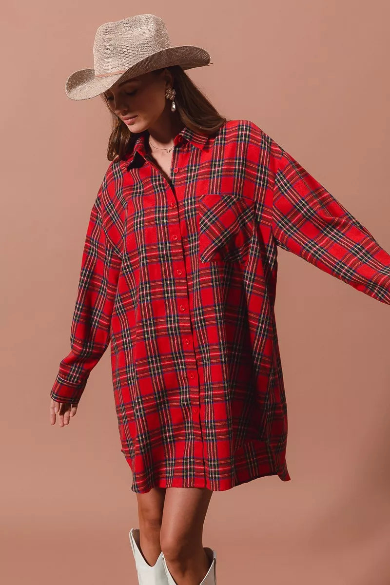 Red plaid button-up shirt dress, long sleeves and curved hem, side view