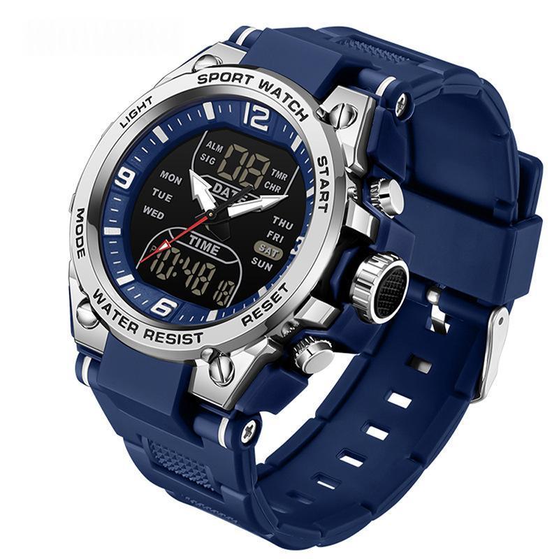 Waterproof dual-display sport watch, deep blue silicone strap with black dial and bezel