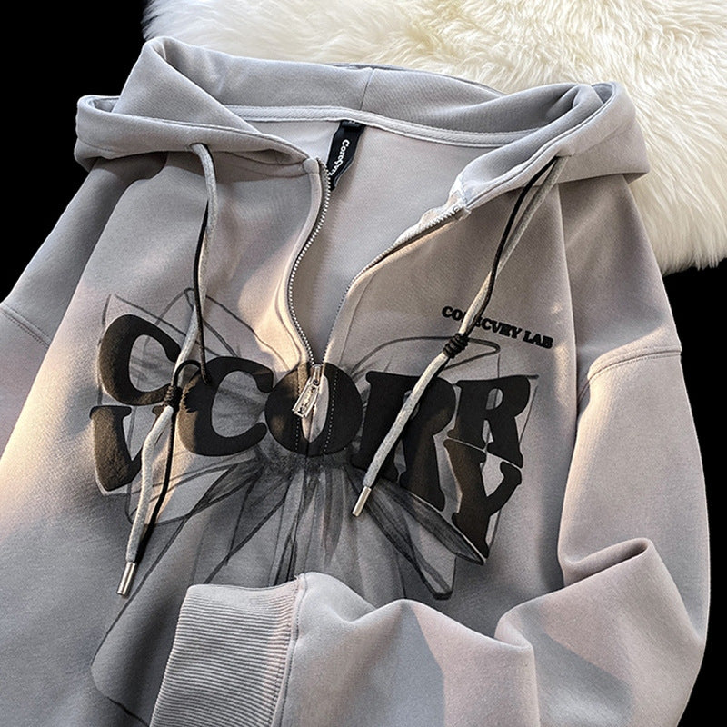Gray zip-up hooded cardigan with foamed front graphic and drawstring cords