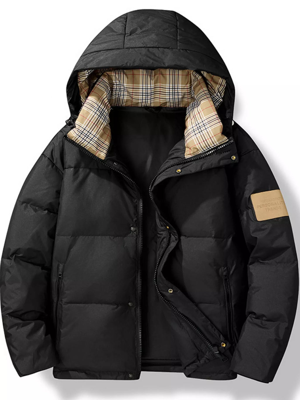 Men's plus-size black padded hooded puffer jacket with quilted front and zip closure