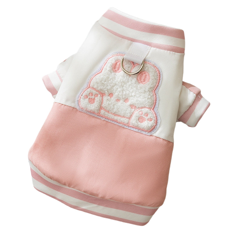 Pink cotton-padded dog baseball jacket with bear patch, striped ribbed trim