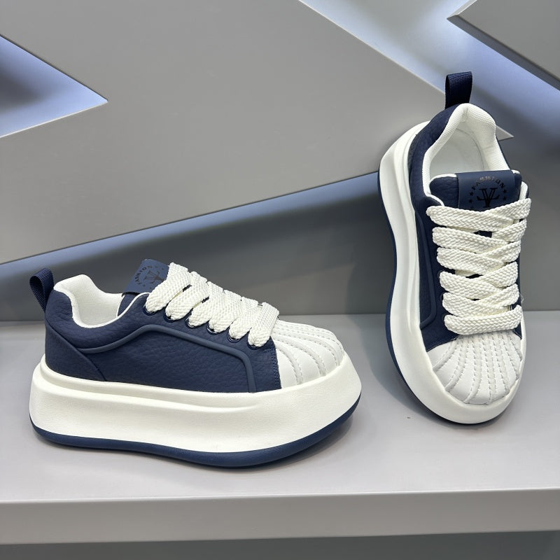 Leather shell-toe low-top sneakers, navy and white, lace-up with thick platform sole