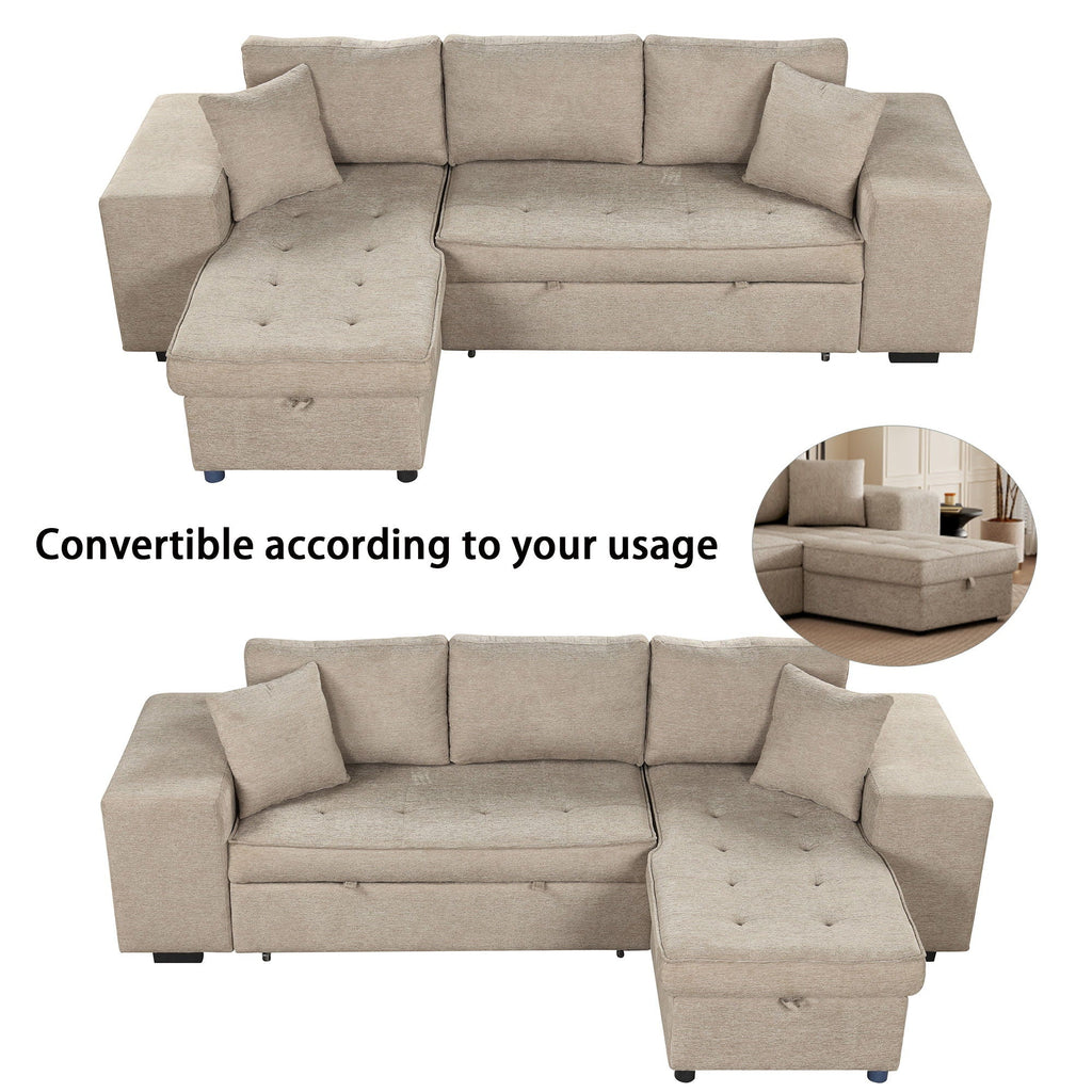 Convertible sectional sleeper sofa with chaise and storage, light gray fabric, includes 2 stools