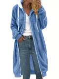 Blue fleece hooded longline zip-up jacket with white drawstring and front zipper