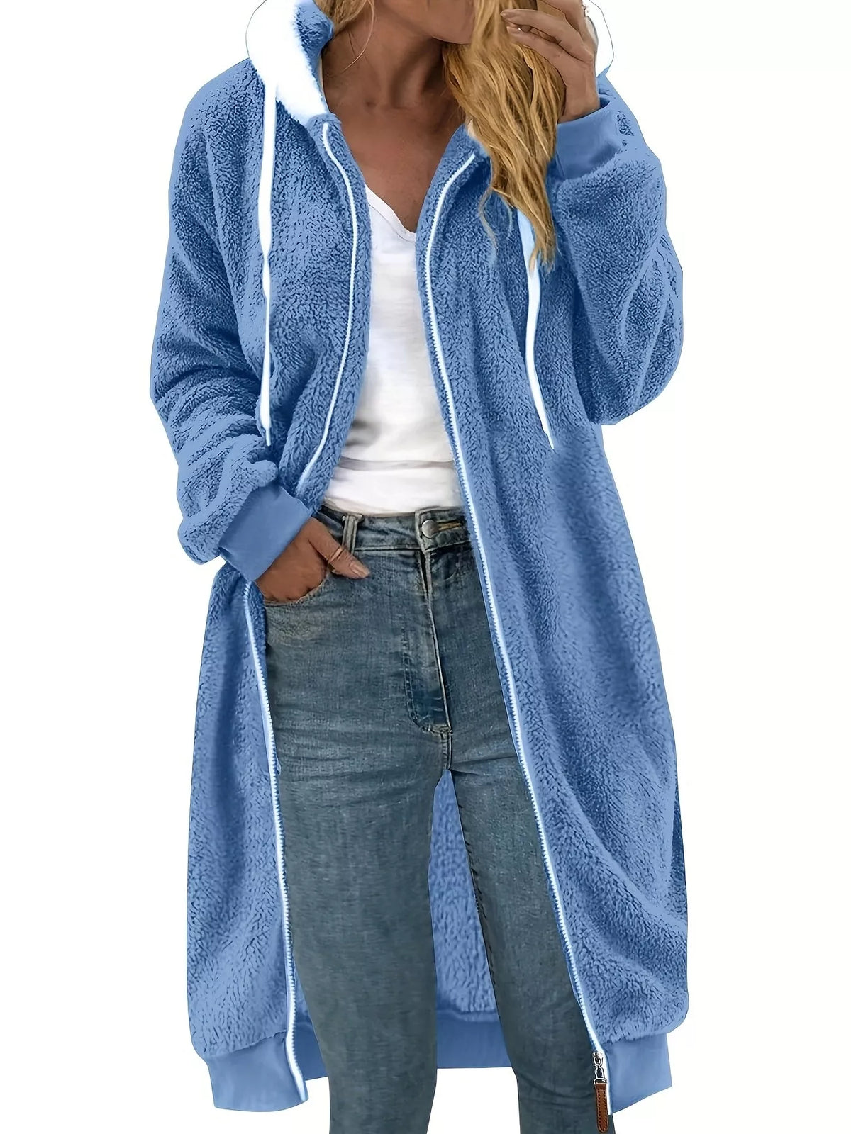 Blue fleece hooded longline zip-up jacket with white drawstring and front zipper