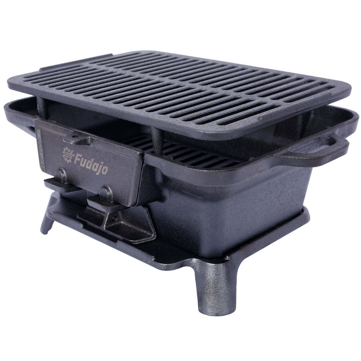 Oval tabletop cast iron grill with slotted cooking grate and side handles, dark enamel
