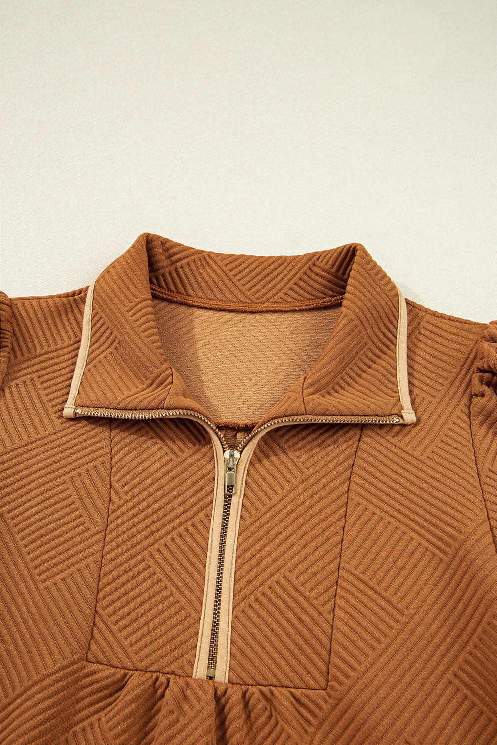 Desert gold textured mini dress neckline detail with quarter-zip and stand collar