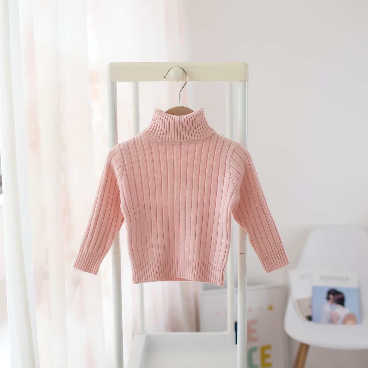 Kids ribbed turtleneck knit shirt, pink, long sleeves