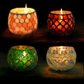 Mosaic glass tealight candle holders set of four, hexagon patterns in orange, red, green, gold