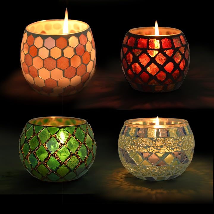 Mosaic glass tealight candle holders set of four, hexagon patterns in orange, red, green, gold