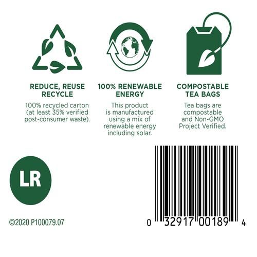 Traditional Medicinals licorice root herbal tea box back panel with recycling and compostable icons
