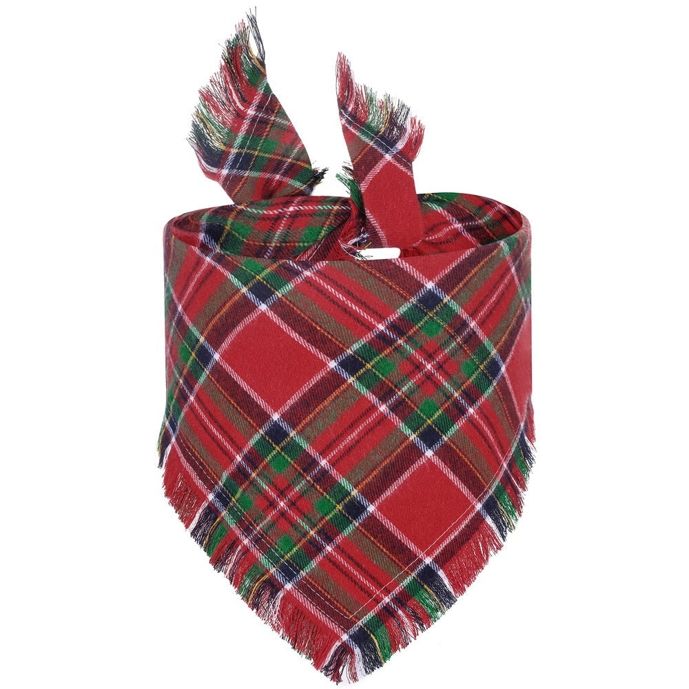 Triangle plaid dog bandana with tassel edges, red and green