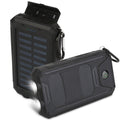Black solar power bank with dual USB ports, fold-out panel and carabiner key ring