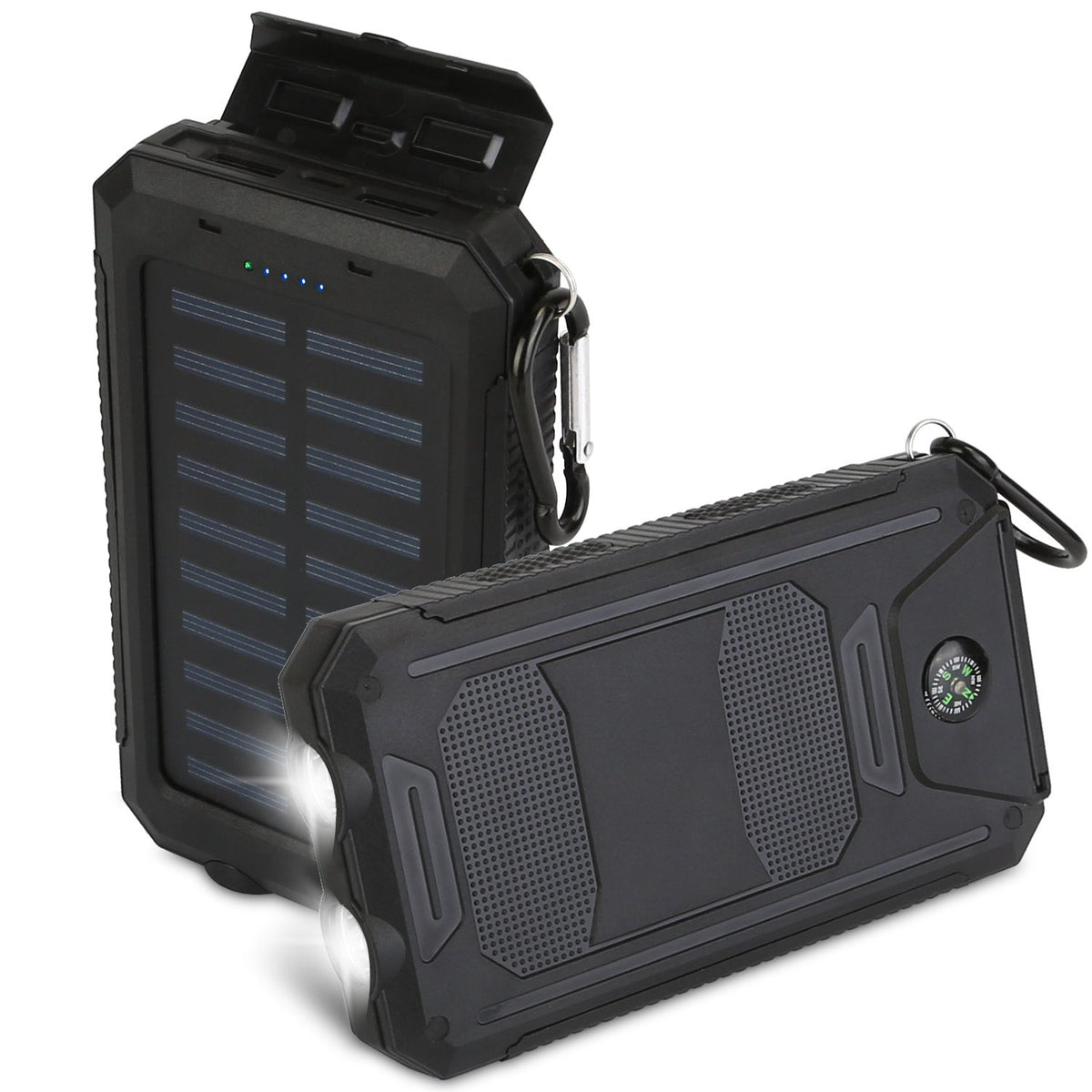 Black solar power bank with dual USB ports, battery indicator LEDs, and carabiner clip