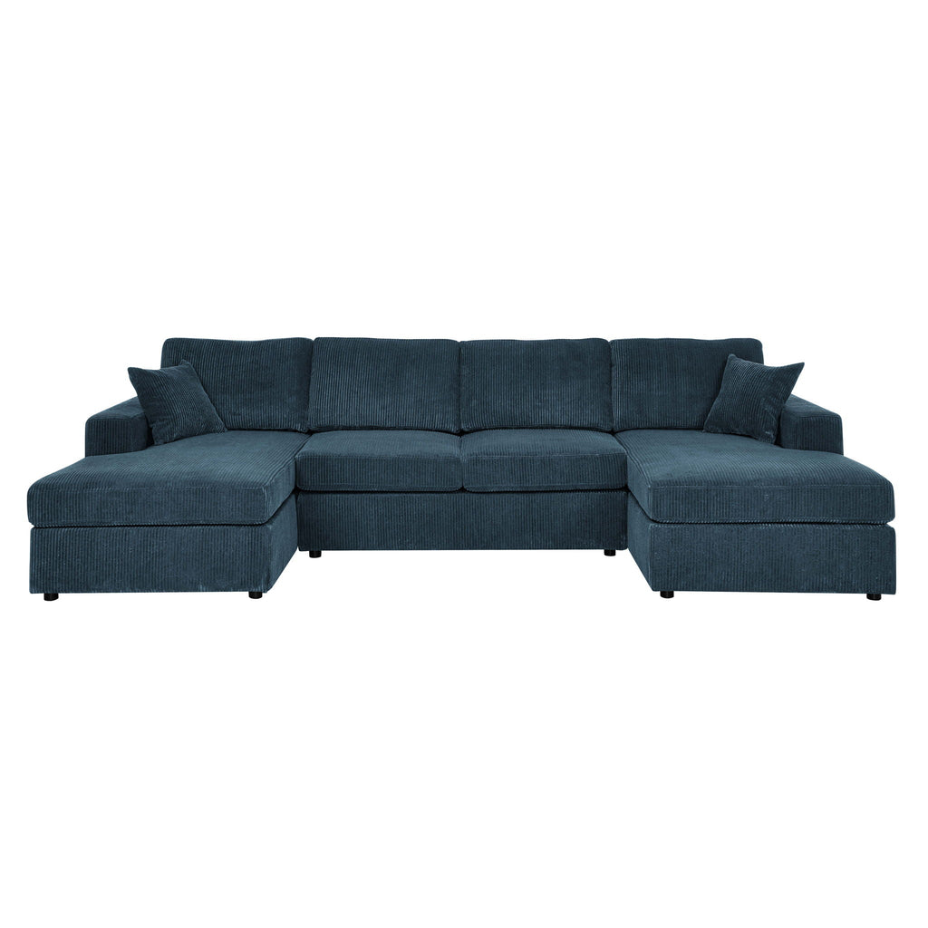 Blue sectional sofa with two chaise seats and tufted back cushion design