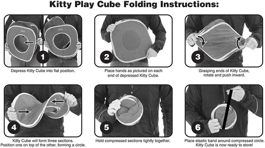 Cat cube folding instructions showing how to collapse and secure the cube