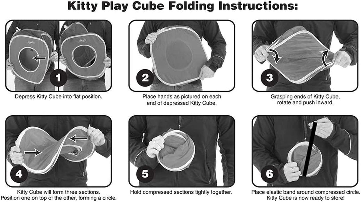 Cat cube folding instructions showing how to collapse and secure the cube