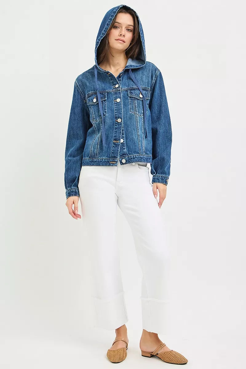 Hooded medium-blue denim jacket with long sleeves and button-front