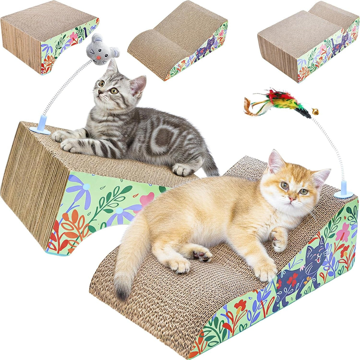 Cat scratcher lounge set with curved and angled pads and spring toys