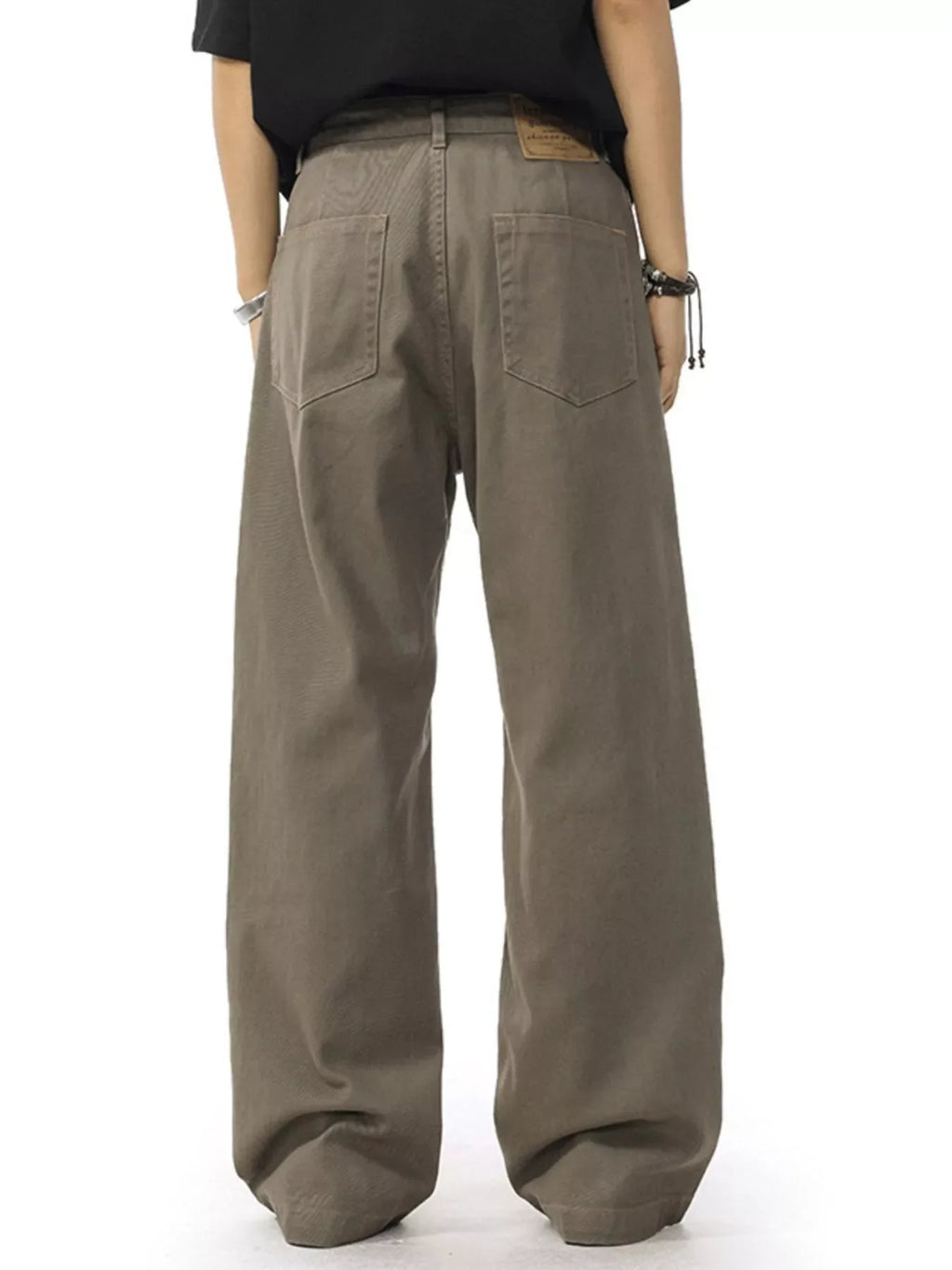 Coffee-brown wide-leg casual pants with two back patch pockets and relaxed wide legs