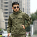 Army green tactical fleece shell jacket with stand collar and zip-front pockets.