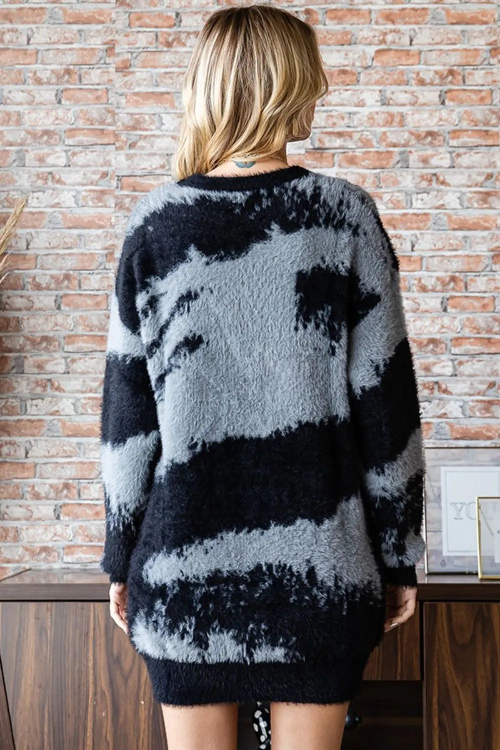 Black and gray abstract back stripe fuzzy sweater with long sleeves