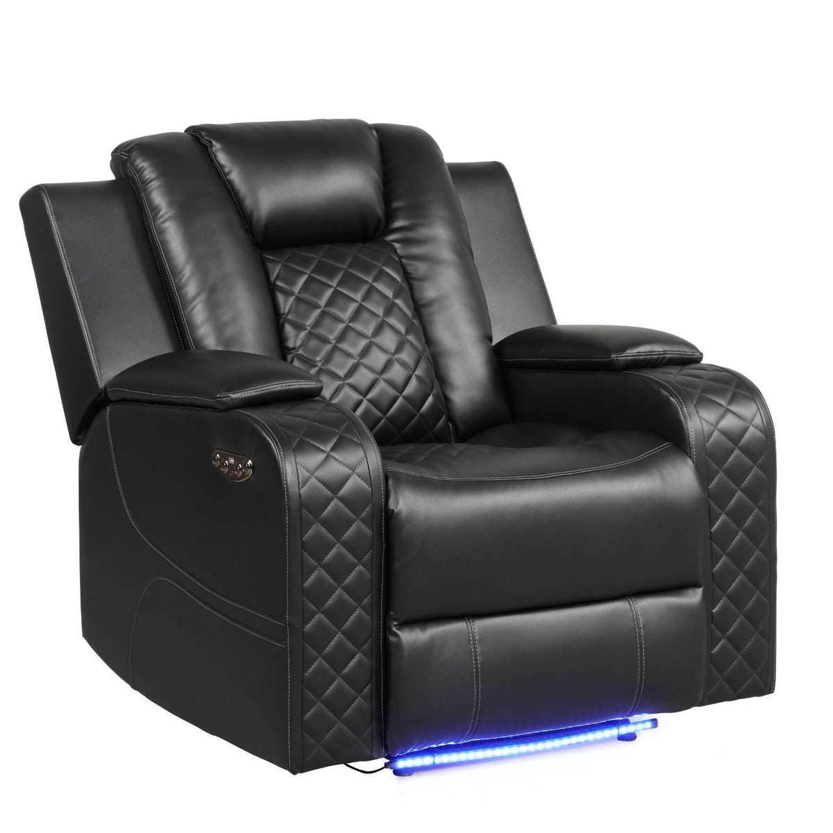 Black LED power recliner chair with tall back, quilted seat, and blue under-rail LED