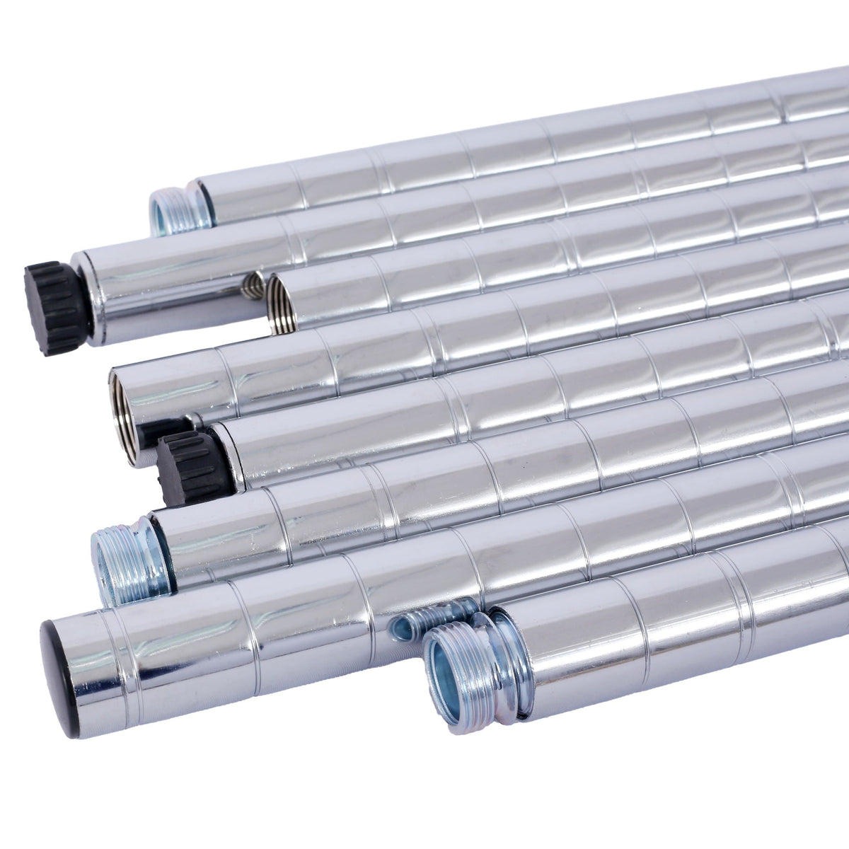 Metal shelving poles with threaded connectors for adjustable wire shelf height