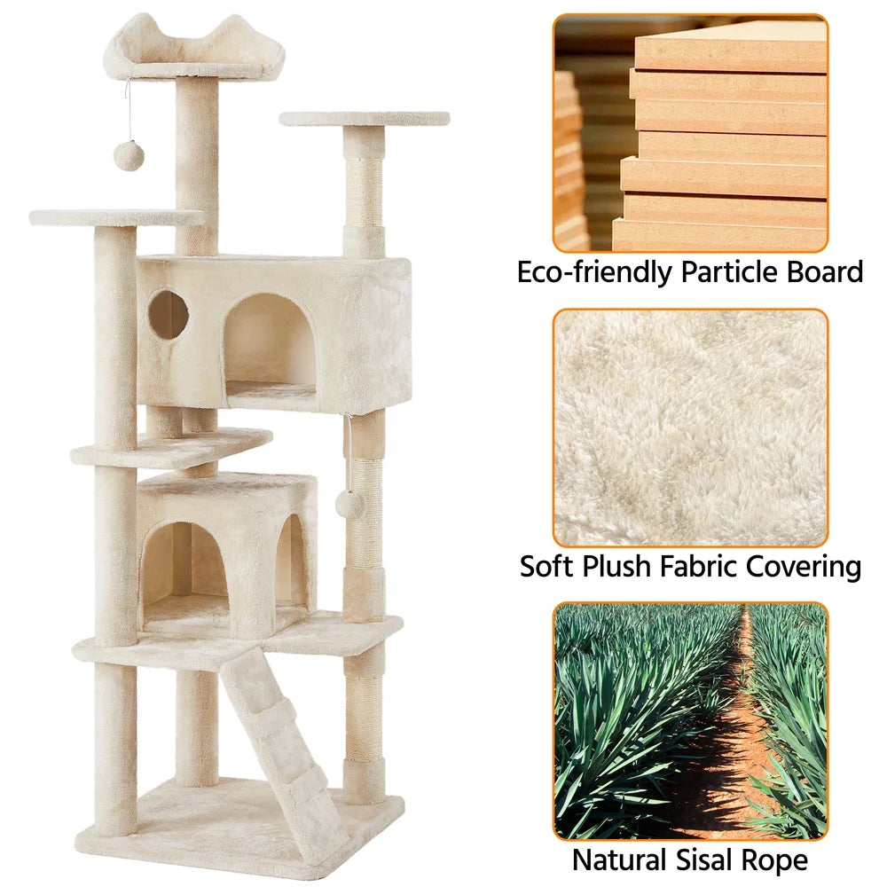 Beige cat tree with plush fabric, particle board and natural sisal rope details