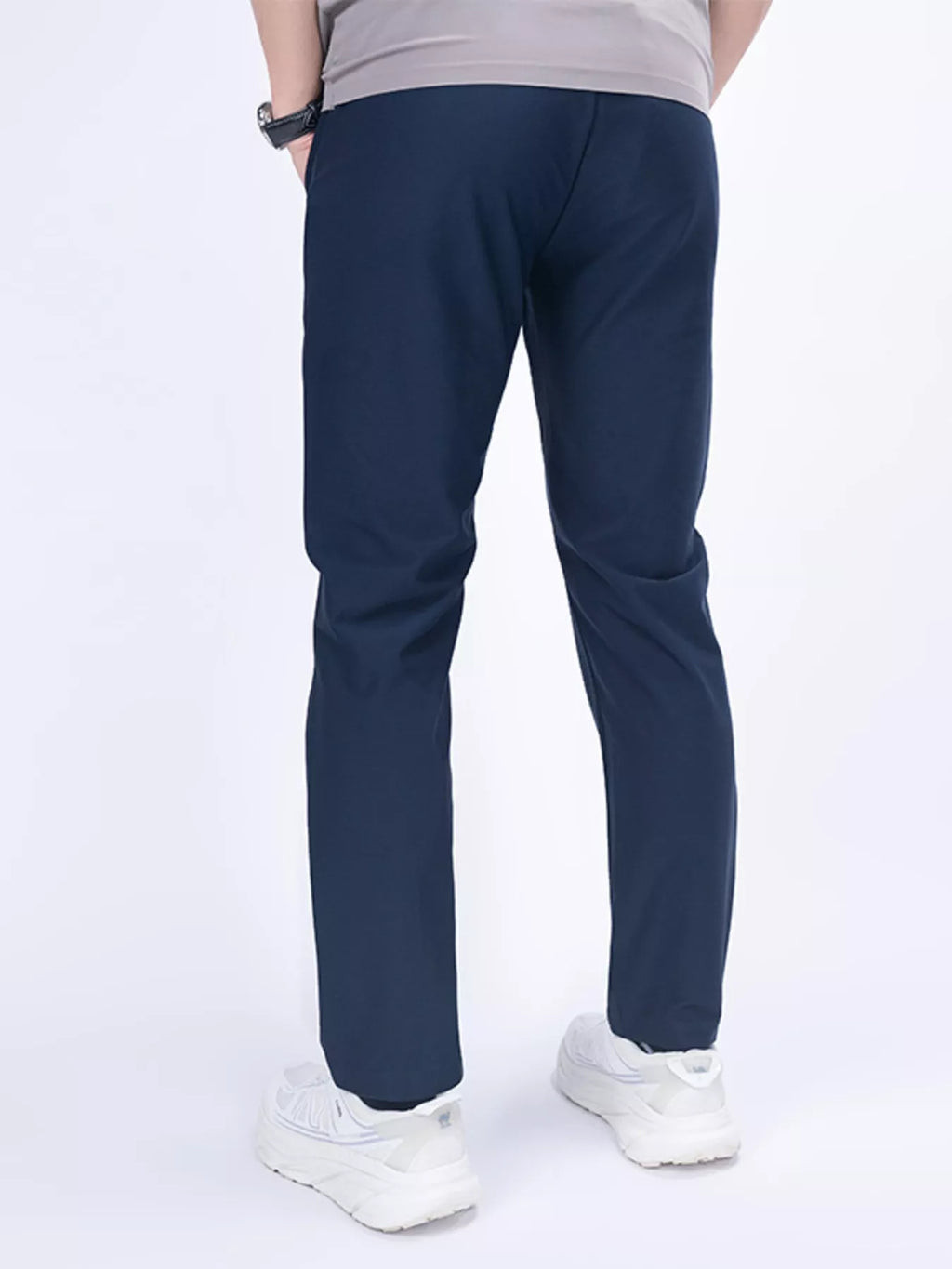 Men's slim-fit casual pants in dark navy, straight tapered cut with belt loops and pockets