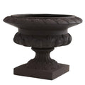 Iron decorative urn with ornate relief band, wide bowl top and pedestal base