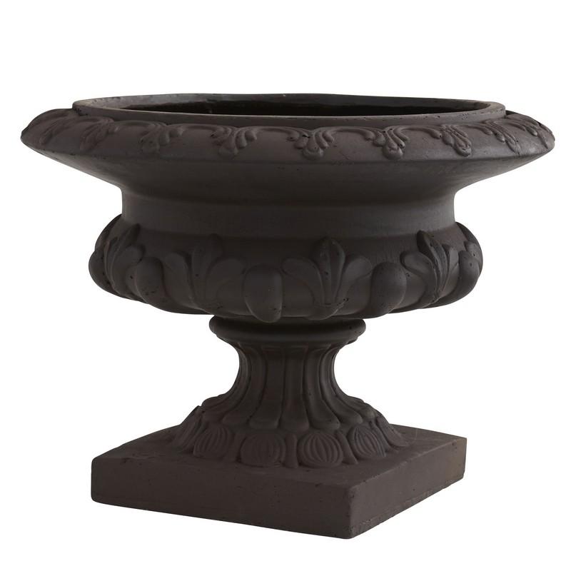 Iron decorative urn with ornate relief band, wide bowl top and pedestal base