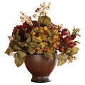 Autumn hydrangea floral arrangement in round dark vase with mixed red, yellow, green foliage