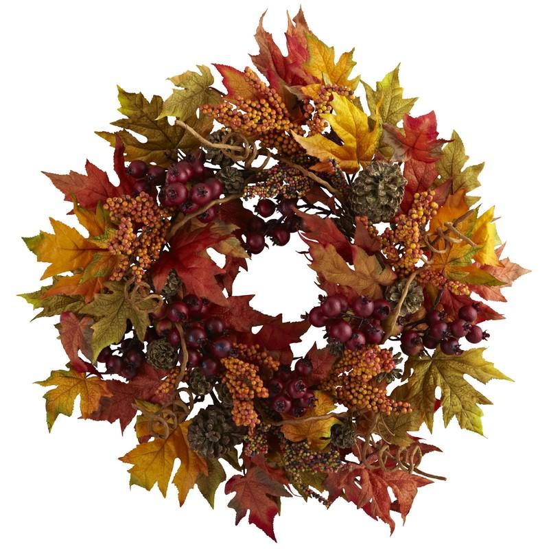 24-inch autumn wreath with maple leaves and berry clusters