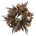 Autumn pumpkin wreath with dried leaves, pinecones, and ribbon accents