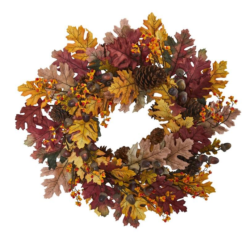 Autumn leaf wreath with pine cones, acorns, and small berry accents