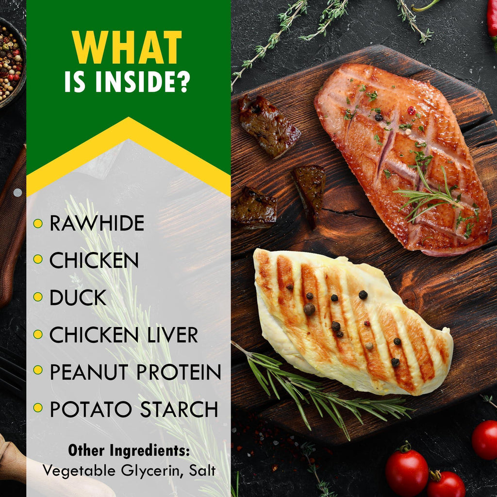 Dog treat ingredients graphic with rawhide chicken and duck chews on board
