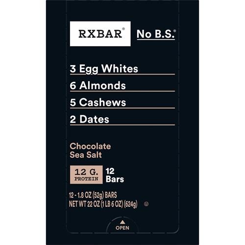RXBAR protein snack box back panel with 12 g protein label and open tab