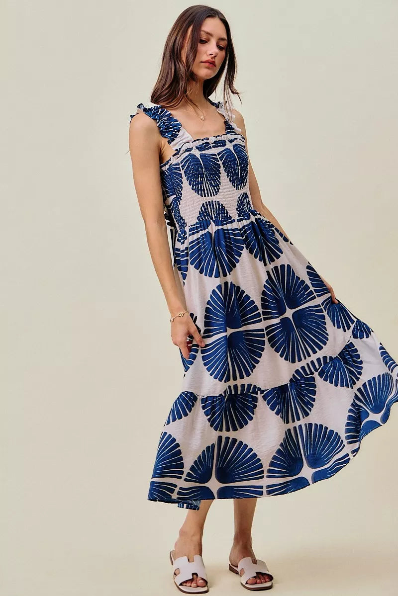 Navy and white abstract print midi dress, sleeveless with tiered skirt
