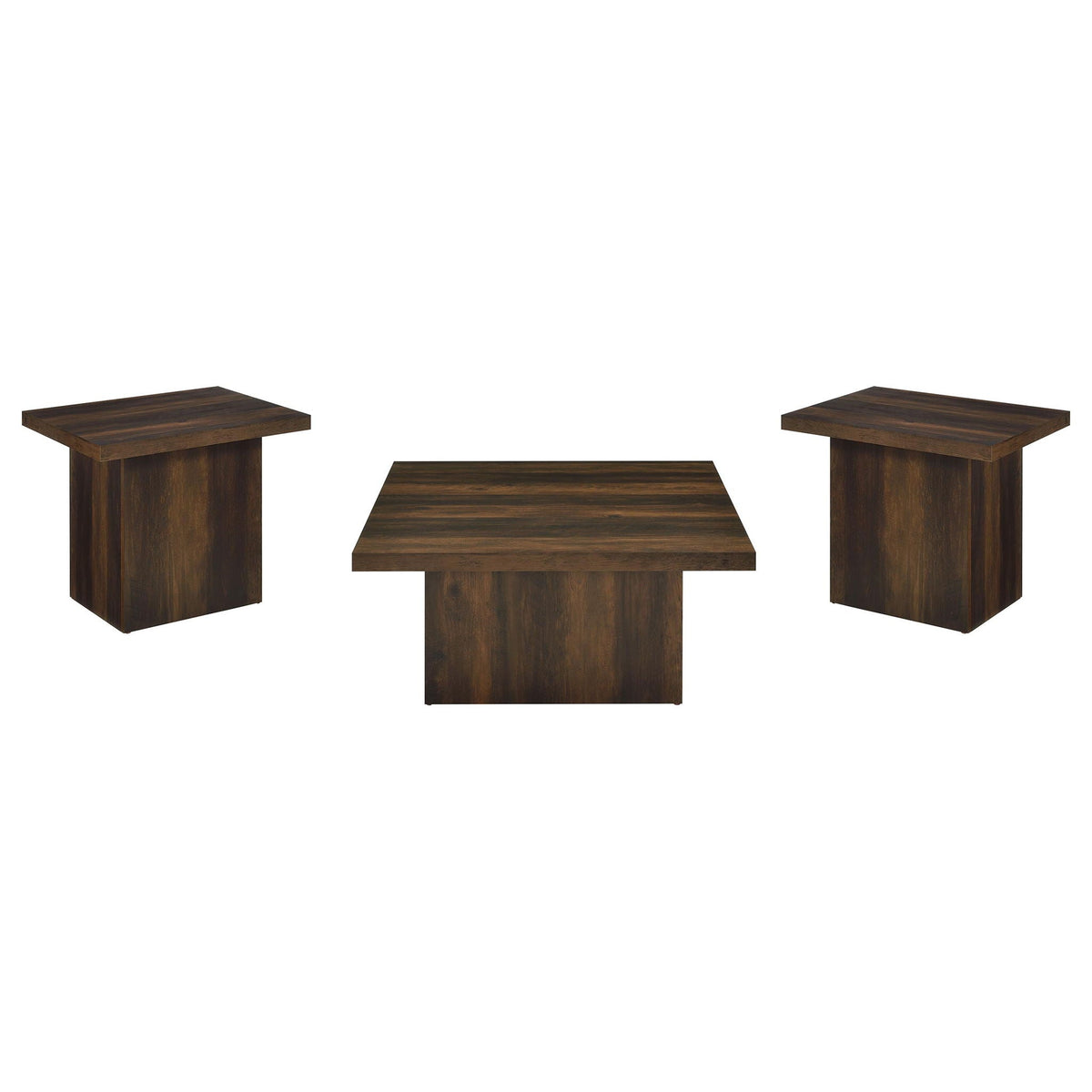 Three-piece square table set in dark pine: central coffee table and two end tables.