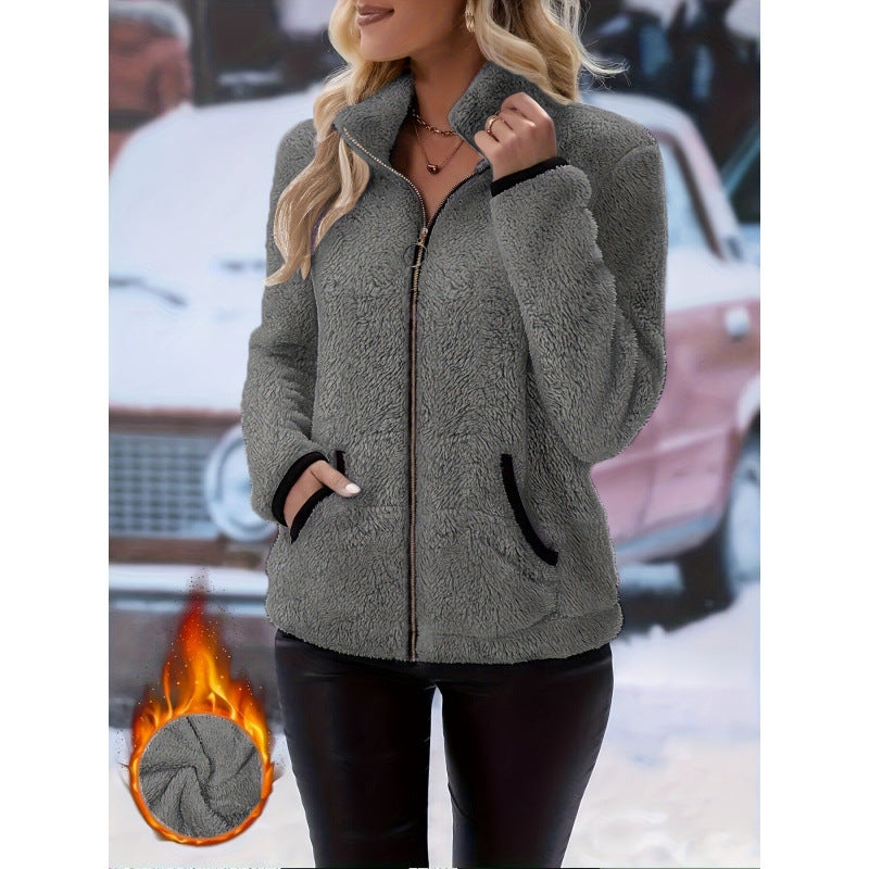 Gray fleece zip-up cardigan with hood, front zipper, front pockets