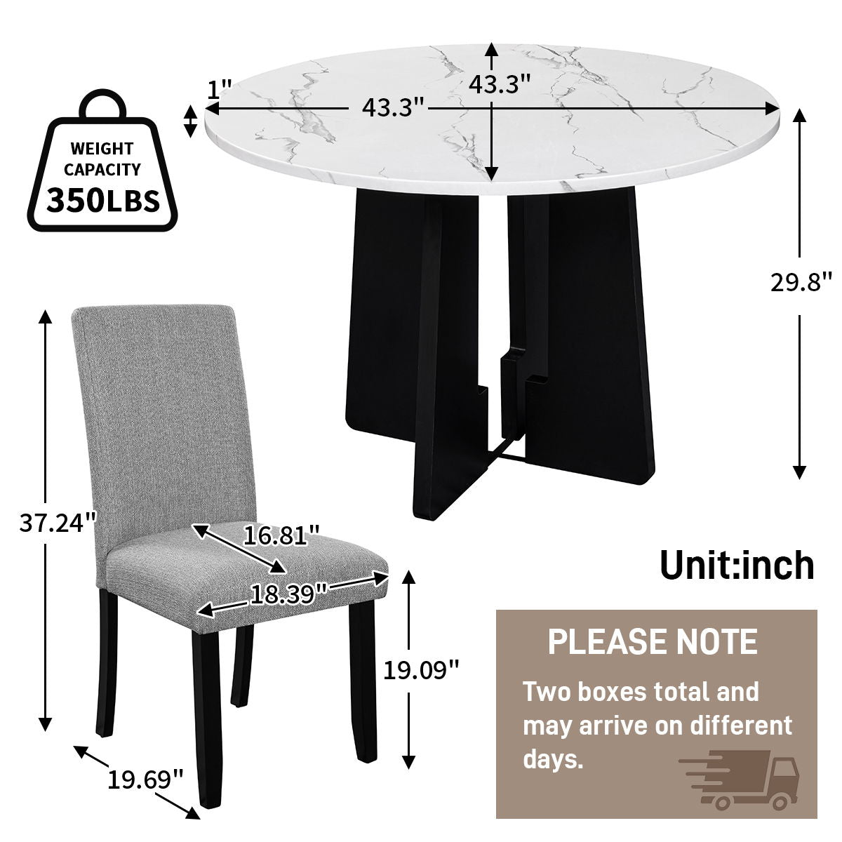 Dining table and chair size diagram: 350 lb weight capacity, gray seat, black legs