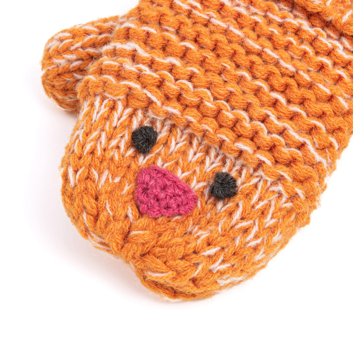 Orange knit chick mitten with textured stitches, pink beak, and dark eyes detail.