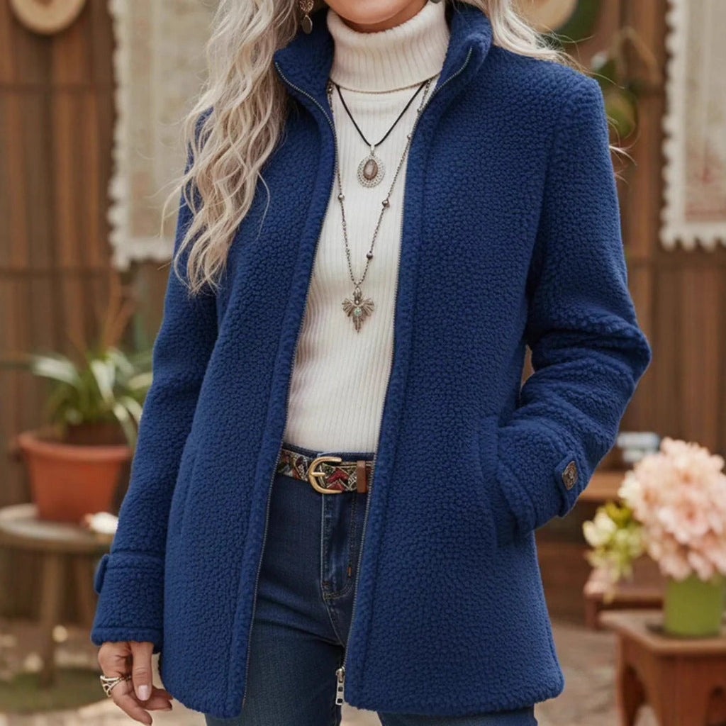 Women's dark blue fleece zip-up jacket with stand collar, long sleeves